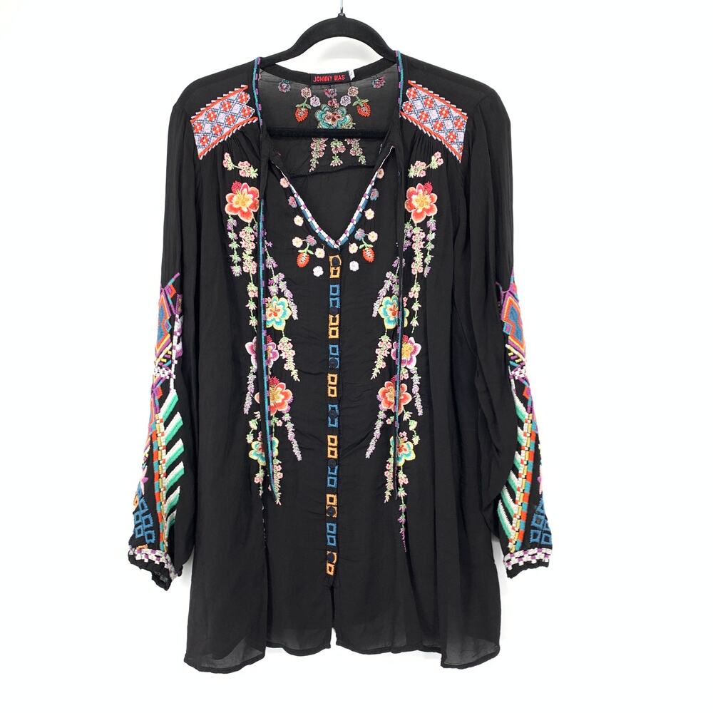 Johnny Was Womens L Black Floral Embroidered Tunic Blouse Boho Long Sleeve